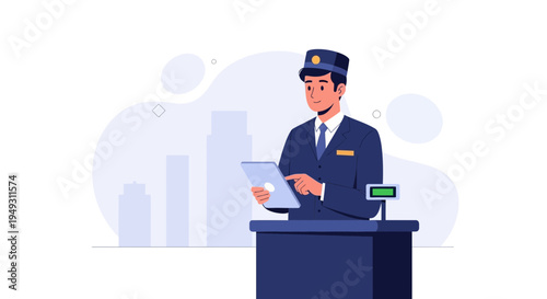 Concierge using tablet at reception desk with digital display and city background