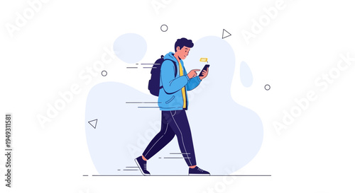 Young man with backpack walking and using smartphone, modern flat illustration