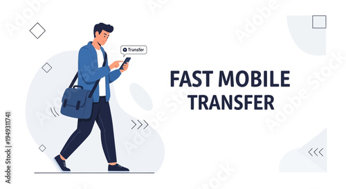Fast Mobile Transfer: Man Walking with Phone, Digital Transaction Concept
