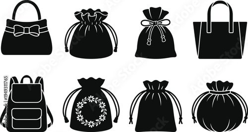 Vector collection of fashion bag silhouettes including backpacks, tote bags, drawstring pouches, and gift sacks isolated on white background for design