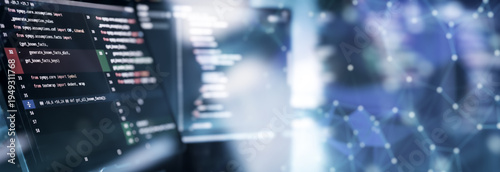 Abstract Software Code Diff Background with Futuristic Network Overlay and Copy Space for Technology Banner Design