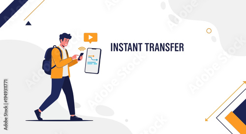 Man with backpack using phone for instant money transfer, online payment concept