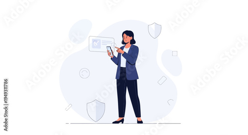 Businesswoman using smartphone with digital security shields and checkmarks, online safety concept
