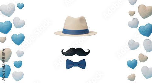 Father's day outfit with hat mustache and bow tie with gentleman style