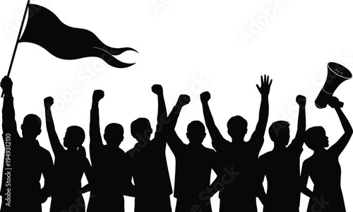 Black silhouette icon of protesting crowd with raised fists megaphone flag demonstration activism rally unity people vector 