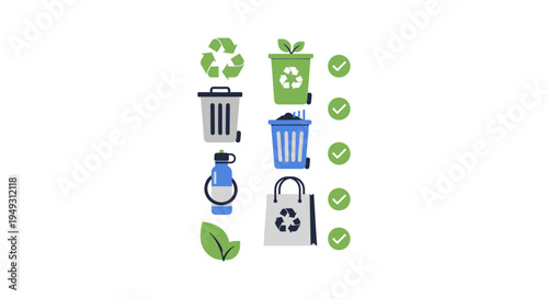 Eco-Friendly Recycling & Waste Management Icons with Green Checkmarks