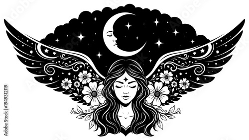 Mystical Angel Woman with Crescent Moon and Stars, Floral Wings