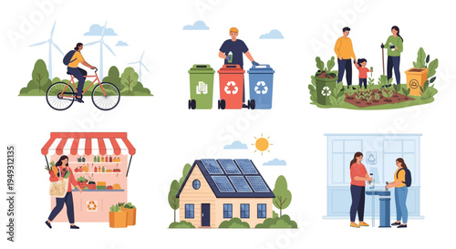 Sustainable Living & Eco-Friendly Practices - Diverse Illustrations of Green Lifestyle, Renewable Energy, Recycling, and Healthy Habits for Environmental Protection