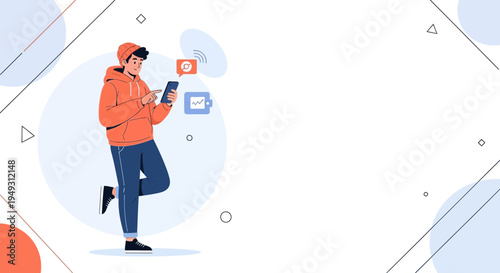 Young man using smartphone for online communication and finance management