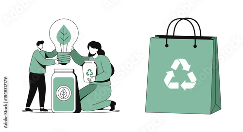 Sustainable Living: People Embracing Green Energy, Recycling, and Zero Waste Practices for Environmental Protection Illustration