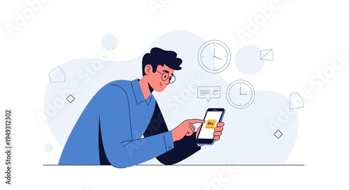 Man using smartphone, checking time and notifications, modern flat illustration