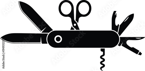 Multi-functional pocket knife silhouette, featuring blades, scissors, corkscrew, and various tools, presented as a black vector icon for camping, survival, and utility concepts.