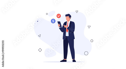 Businessman using smartphone with financial icons, online banking, digital payment concept