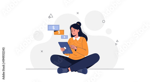 Woman using tablet for online finance, money growth concept, digital banking illustration