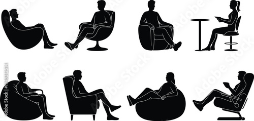 Black silhouette icons of people relaxing sitting in armchairs bean bags lounge chairs casual 