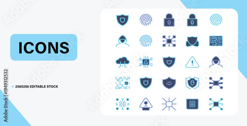 Cybersecurity Icons: A collection of meticulously crafted cybersecurity icons, symbolizing digital security, data protection, and online safety. Each icon representing concepts such as shield, lock.