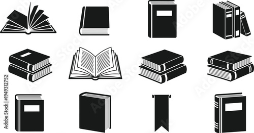 books icons collection vector set, open and closed book silhouettes, library reading education symbols, stacked books and bookmark simple black icons