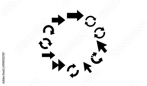 Minimal black arrow vector icon set arranged in circular layout with navigation and cursor arrows