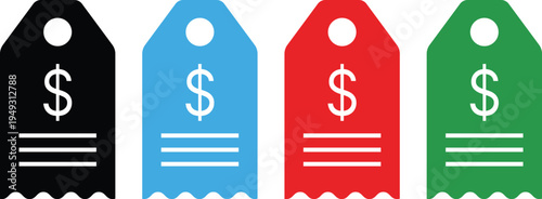 Four price tags in black blue red and green with dollar signs money sale