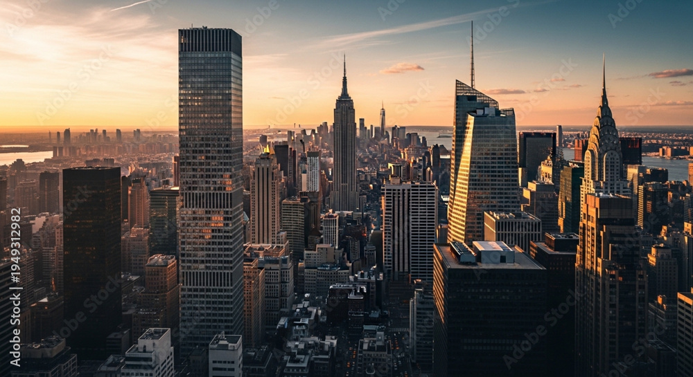 Fototapeta premium Aerial view of new york city skyline at sunset drone footage New York city