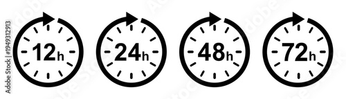 12, 24, 48 and 72 hours clock arrow. Delivery and service time. Vector icon Illustration.