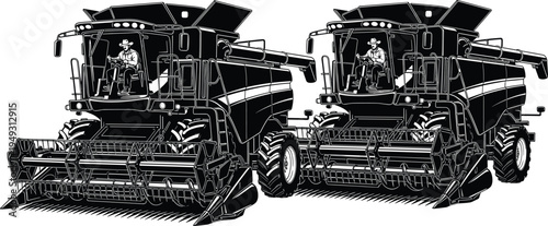 Combine harvester agricultural machine vector illustration, modern farming equipment harvesting crops in field, detailed farm machinery design isolated