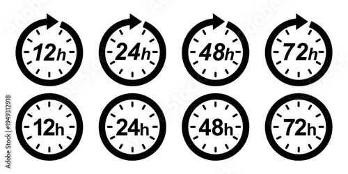 12, 24, 48 and 72 hours clock arrow. Delivery and service time. Vector icon Illustration.