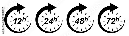 12, 24, 48 and 72 hours clock arrow. Delivery and service time. Vector icon Illustration.
