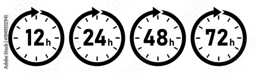 12, 24, 48 and 72 hours clock arrow. Delivery and service time. Vector icon Illustration.