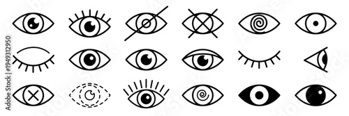 Outline eye icons. Open and closed eyes images, sleeping eye shapes with eyelash, vector supervision and searching signs.