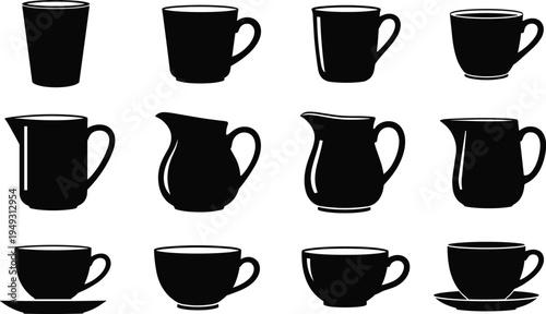 Coffee cup and milk jug silhouettes vector set, tea cups and pitchers collection, kitchen drinkware icons isolated illustration