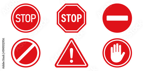 Set stop red sign icon with white hand, do not enter. Warning stop sign - stock vector