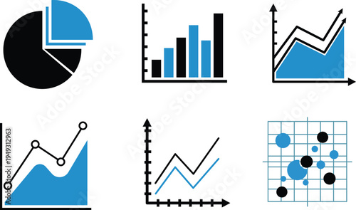 Six diverse charts and graphs in black and blue on white background data statistics analysis