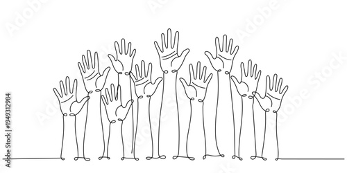 Hands raised up one line continuous drawing, Teamwork, Collaboration, Classroom, Diversity. Editable stroke