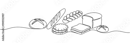 Continuous one line drawing of bakery products set with bread, baguette, and cinnamon roll Editable stroke