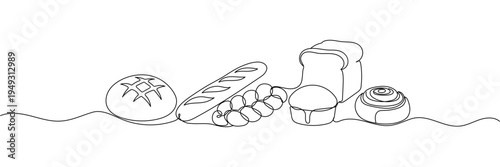 Continuous one line drawing of bakery products set with bread, baguette, and cinnamon roll Editable stroke