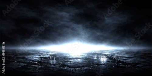 A bright glowing light emerging from the horizon over a dark and cracked stone ground at night