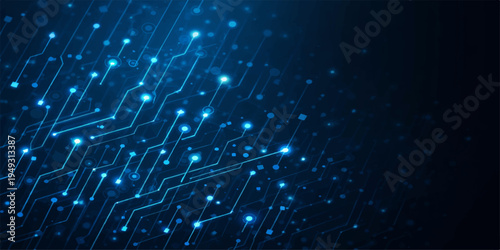 Abstract digital background featuring glowing blue circuit board lines and data network nodes