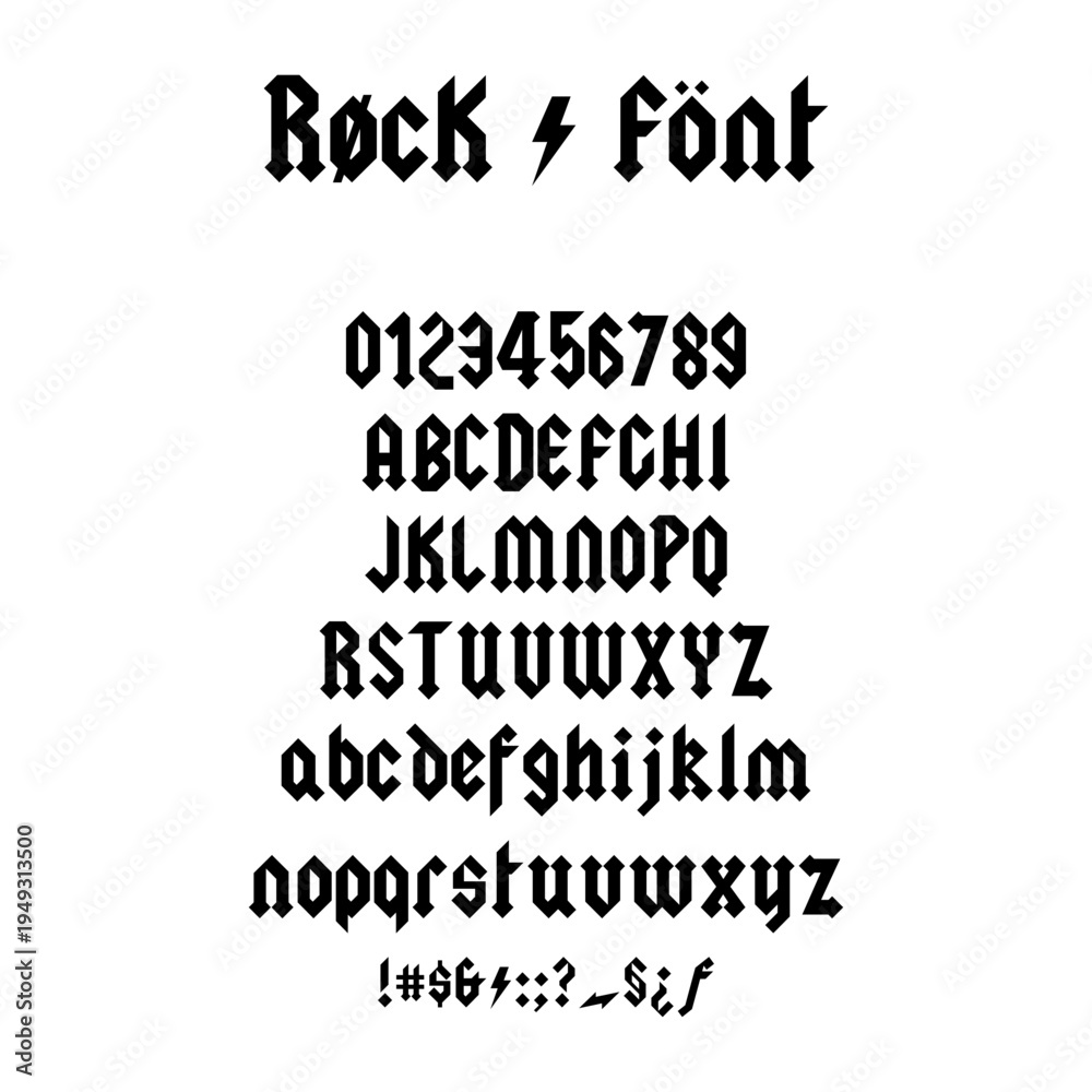 Obraz premium Heavy Metal Rock Font Alphabet with Numbers and Symbols Vector