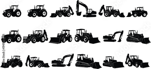 Construction machinery silhouettes vector set, excavator bulldozer loader and tractor heavy equipment collection, industrial engineering vehicles illustration