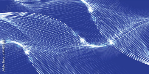 Abstract vector technology colors wave with motion glowing dots. Dark cyberspace in digital background. Connection big data. Futuristic wireframe texture. Dynamic analysis a network connection.