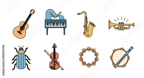 Musical instruments and beetle illustration
