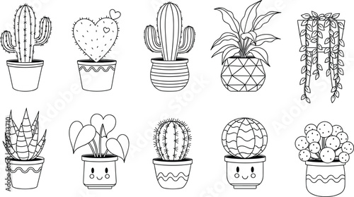 cute cactus and succulent plants doodle vector set, potted houseplants line art collection, kawaii indoor plants illustration for decor