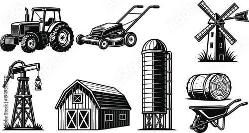 Farm agriculture equipment vector icon set, tractor lawn mower windmill barn silo hay bale wheelbarrow and rural farming tools illustration