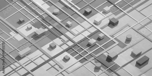 A grayscale abstract composition featuring a geometric grid pattern with diverse elevated shapes