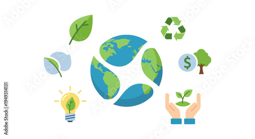 Comprehensive Global Sustainability Concept with Eco-Friendly Icons: Recycling, Green Energy, Water, Growth & Responsible Investment