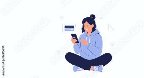 Young woman using smartphone for online payment with credit card, digital banking concept