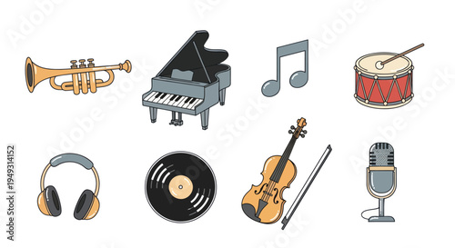 Musical instruments collection on white
