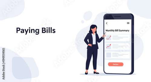 Woman Paying Bills Online via Mobile App, Monthly Bill Summary