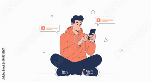 Young man sitting cross-legged, using smartphone, receiving notifications